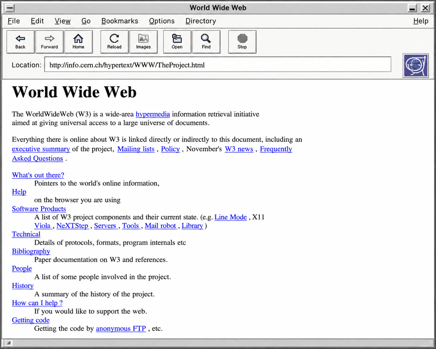 A screenshot of the world's first website, hosted at info.cern.ch, showing plain black text on a white background with hyperlinks - created by Tim Berners-Lee at CERN in 1991.