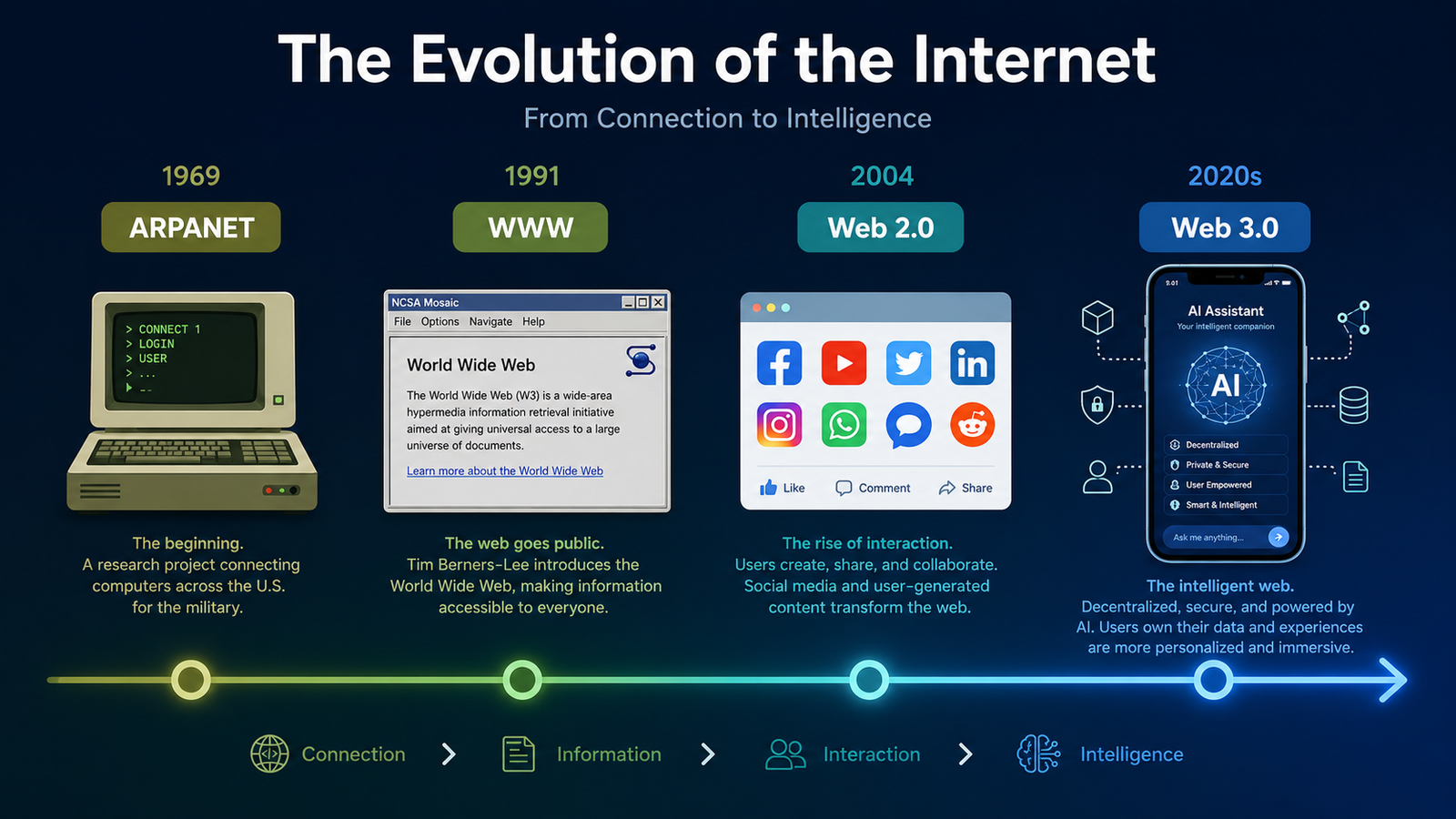 Three browser windows side by side representing Web 1.0 (plain text page, 1991), Web 2.0 (social media feed with user posts, 2004), and Web 3.0 (AI assistant interface with decentralised icons, 2020s), illustrating the evolution of the web across three distinct eras.