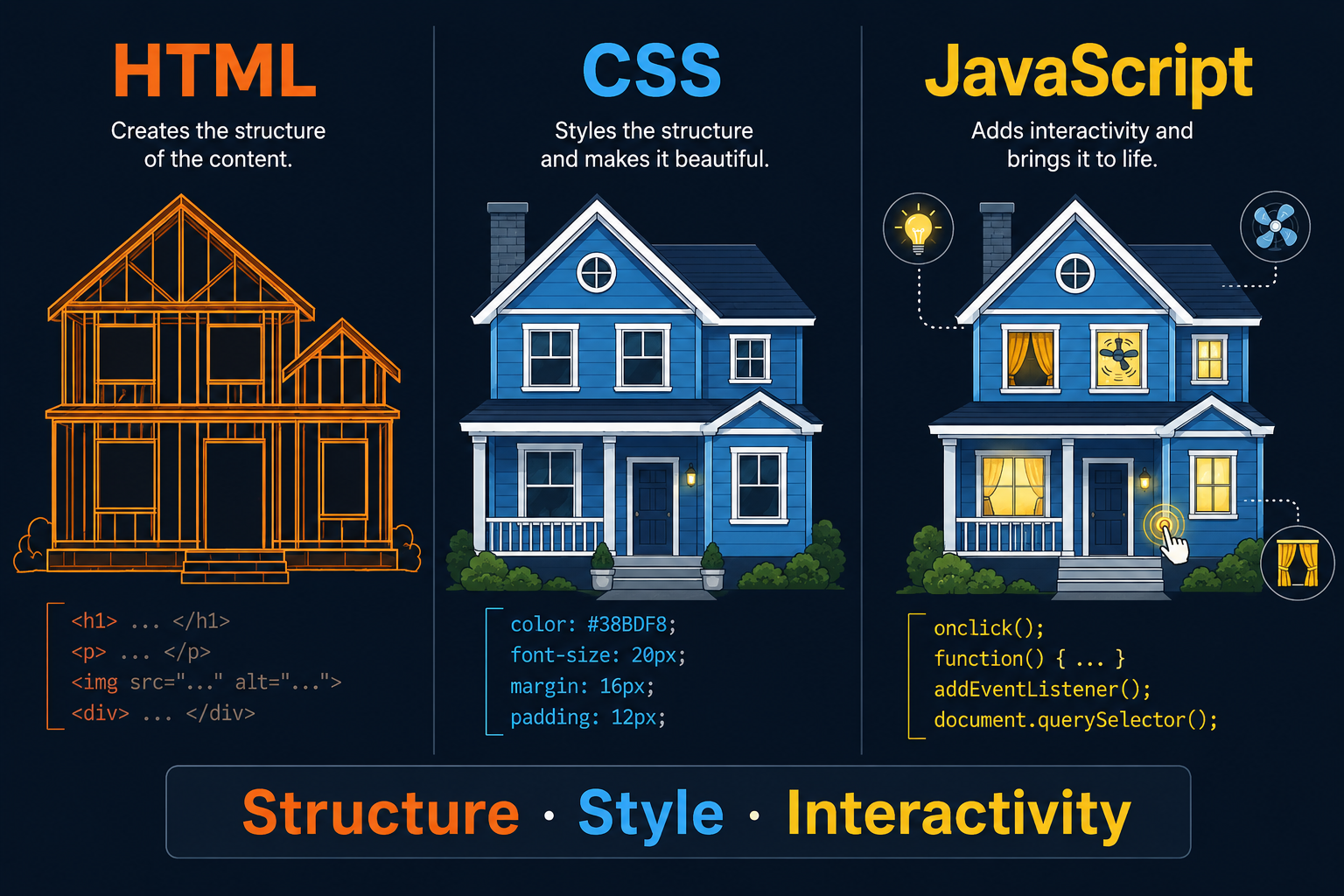 Three-column infographic illustrating the roles of HTML as structure, CSS as styling, and JavaScript as interactivity using a house-building analogy